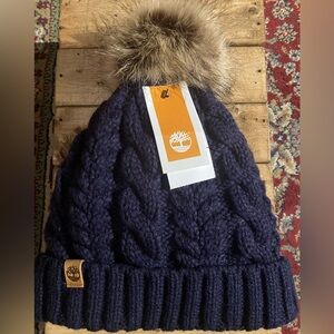 Timberland Women’s Navy Blue Cable Knit Cuff Beanie Hat Faux Fur Pom OS NWT